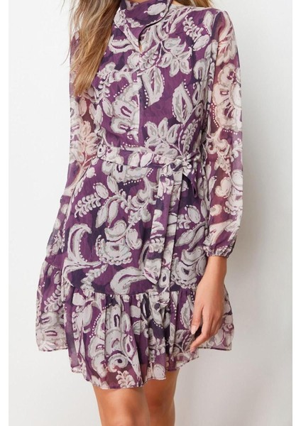 Moda Regular Gündüz Gece Şifon Dokuma Dik Yaka Uzun Kol Skater Mini Boy Elbise fırsatları