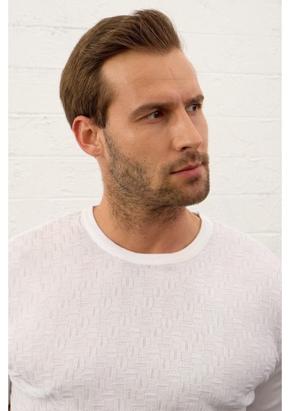 Erkek Desenli Bisiklet Yaka Slim-Fit Kalıp Ince Triko T-Shirt Beyaz - 5015DNGR modelleri