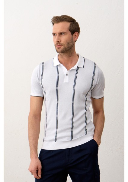 Erkek Slim-Fit Kalıp Polo Yaka Ince Triko T-Shirt Beyaz - 5012DNGR