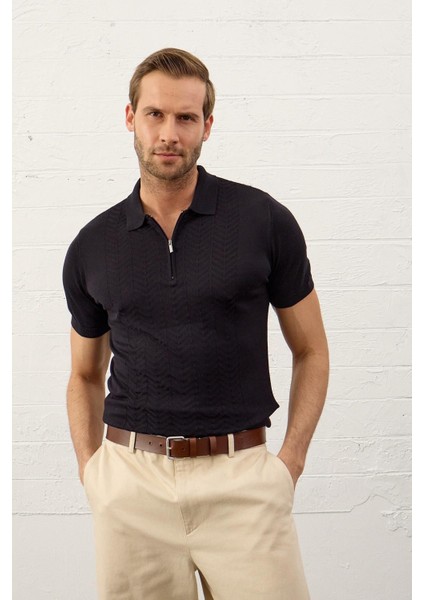Erkek Slim-Fit Kalıp Polo Yaka Yazlık Triko T-Shirt Koyu Lacivert - 5006DNGR