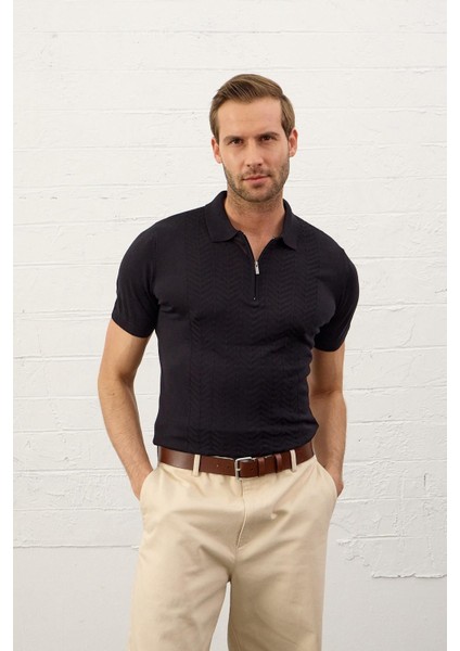 Erkek Slim-Fit Kalıp Polo Yaka Yazlık Triko T-Shirt Koyu Lacivert - 5006DNGR modelleri