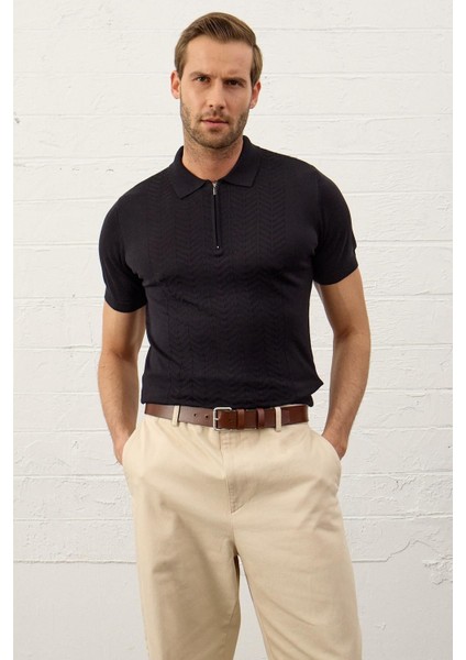 Erkek Slim-Fit Kalıp Polo Yaka Yazlık Triko T-Shirt Koyu Lacivert - 5006DNGR fırsatları