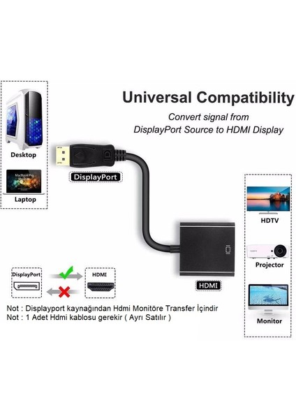 Displayport (M) To HDMI (F) Çevirici Adaptör Kablosu Siyah