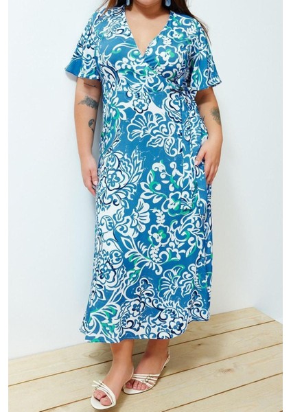 Moda Rahat Casual Günlük Shally Dokuma Kruvaze Kısa Kol Anvelop Maxi Boy Büyük Beden Elbise modelleri