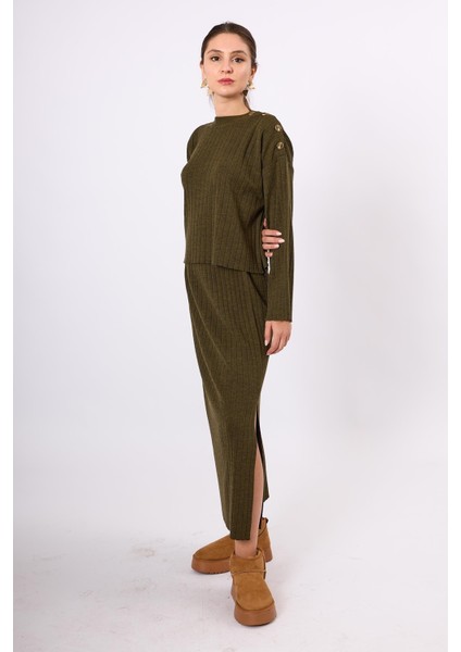 Molly Omuzu Düğmeli Kadın Triko Kazak - Koyu Yeşil Melanj fiyatları