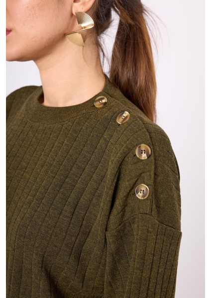 Molly Omuzu Düğmeli Kadın Triko Kazak - Koyu Yeşil Melanj modelleri