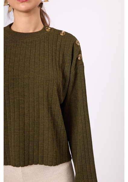 Molly Omuzu Düğmeli Kadın Triko Kazak - Koyu Yeşil Melanj fırsatları