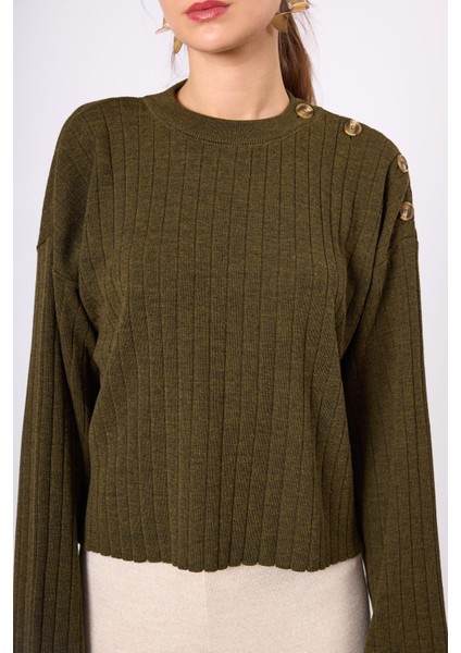 Molly Omuzu Düğmeli Kadın Triko Kazak - Koyu Yeşil Melanj indirimleri
