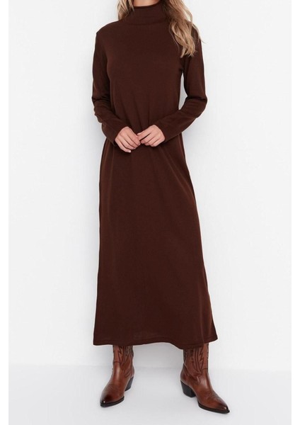 Moda Regular Günlük Tek Plaka Triko Yarım Balıkçı Yaka Uzun Kol Shift Uzun Boy Tesettür Elbise fiyatları