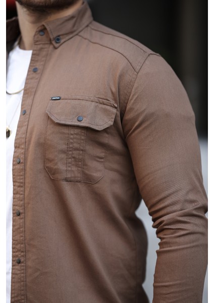 Erkek Kahverengi Slim Fit Dar Kesim Kot Gömlek modelleri