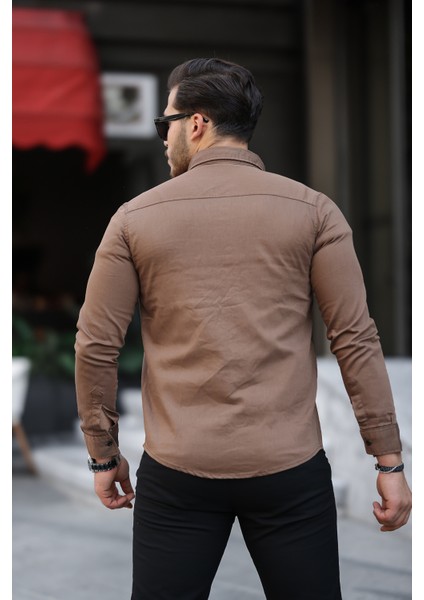 Erkek Kahverengi Slim Fit Dar Kesim Kot Gömlek fırsatları