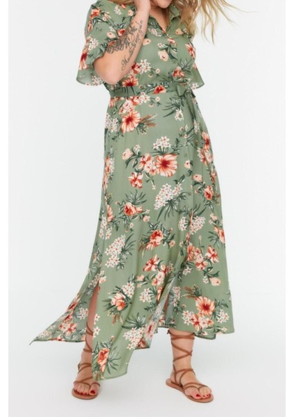 Moda Rahat Casual Günlük Shally Dokuma Gömlek Yaka Kısa Kol A-Line Maxi Boy Büyük Beden Elbise fiyatları