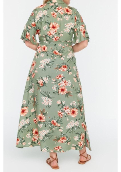 Moda Rahat Casual Günlük Shally Dokuma Gömlek Yaka Kısa Kol A-Line Maxi Boy Büyük Beden Elbise fırsatları