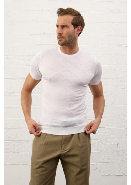 Erkek Bisiklet Yaka Slim-Fit Kalıp Yazlık Triko T-Shirt Beyaz - 5017DNGR modelleri
