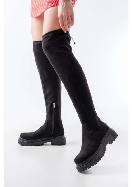 812-2194 Siyah Süet Fermuarlı Diz Üstü Bağcıklı Çorap Günlük Kadın Çizme fiyatları