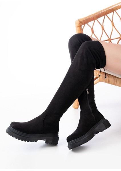 812-2194 Siyah Süet Fermuarlı Diz Üstü Bağcıklı Çorap Günlük Kadın Çizme modelleri