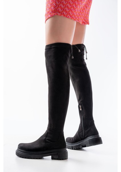 812-2194 Siyah Süet Fermuarlı Diz Üstü Bağcıklı Çorap Günlük Kadın Çizme fırsatları