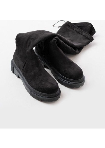 812-2194 Siyah Süet Fermuarlı Diz Üstü Bağcıklı Çorap Günlük Kadın Çizme indirimleri