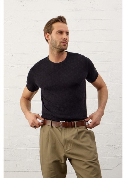 Erkek Desenli Bisiklet Yaka Slim-Fit Kalıp Ince Triko T-Shirt Siyah - 5015DNGR fiyatları