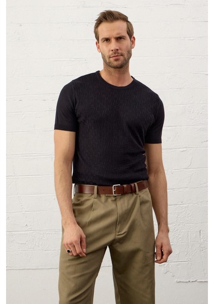 Erkek Desenli Bisiklet Yaka Slim-Fit Kalıp Ince Triko T-Shirt Siyah - 5015DNGR modelleri