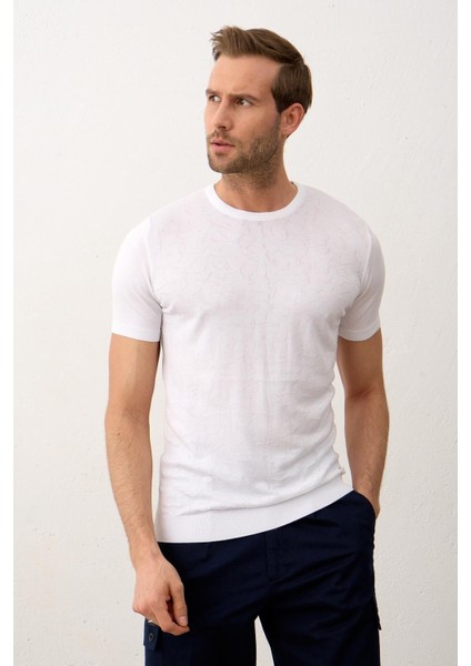 Erkek Modelli Bisiklet Yaka Slim-Fit Kalıp Yazlık Triko T-Shirt Beyaz - 5016DNGR