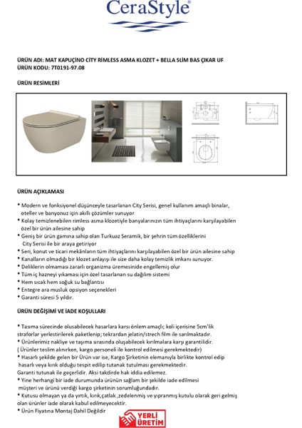 Mat Kapuçino City Rimless Asma Klozet + Bella Slim Bas Çıkar Uf fiyatları