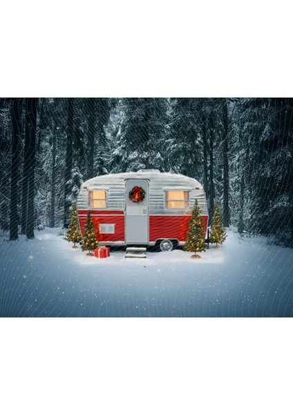 Kış Kampı Temalı Stüdyo Fonu 200 x 150 cm Karavan ve Yılbaşı Ağaçları Arka Plan