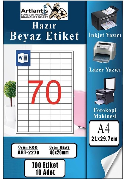 A4 Hazır Etiket 40X20 mm 10 Sayfa 1 Paket 70 Li Kendinden Yapışkanlı Fotokopi Lazer Inkjet Kağıdı Yazıcılar Için Uyumlu