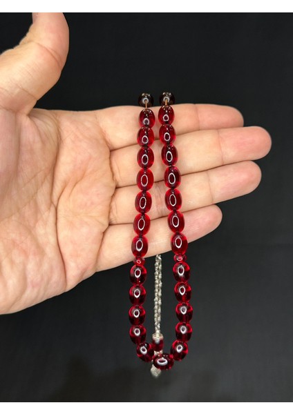 Ateş Kehribar Tesbih Beyzi Kesim Bordo Renk 8mm x 11MM T-515