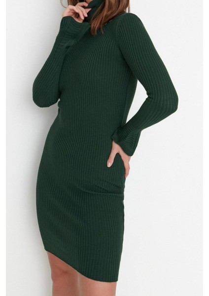 Moda Slim Casual Günlük Fitilli Triko Balıkçı Yaka Uzun Kol Bodycone Mini Boy Elbise