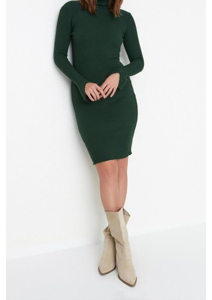 Moda Slim Casual Günlük Fitilli Triko Balıkçı Yaka Uzun Kol Bodycone Mini Boy Elbise