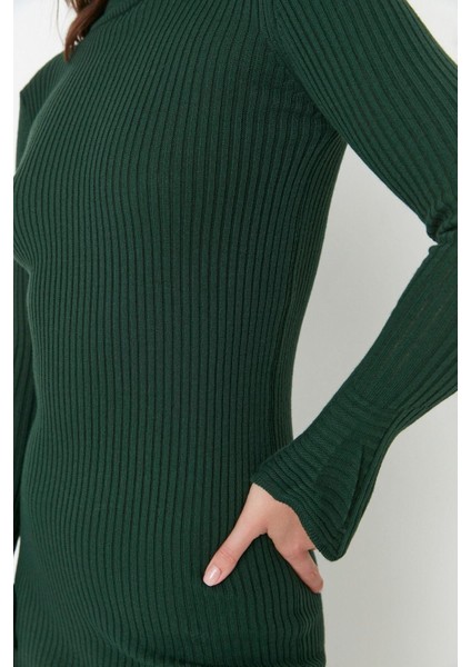 Moda Slim Casual Günlük Fitilli Triko Balıkçı Yaka Uzun Kol Bodycone Mini Boy Elbise