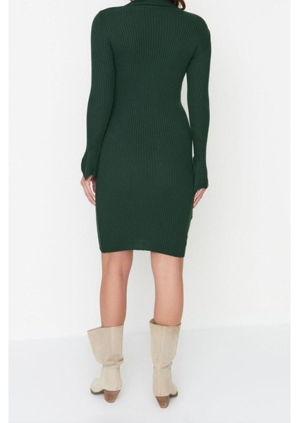 Moda Slim Casual Günlük Fitilli Triko Balıkçı Yaka Uzun Kol Bodycone Mini Boy Elbise