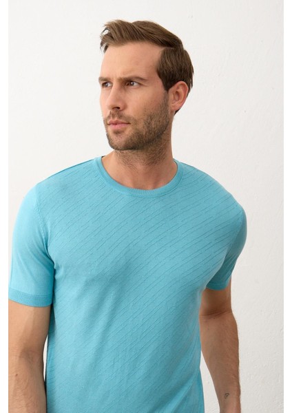 Erkek Çizgili Bisiklet Yaka Slim-Fit Kalıp Ince Triko Tişört Aqua - 5013DNGR
