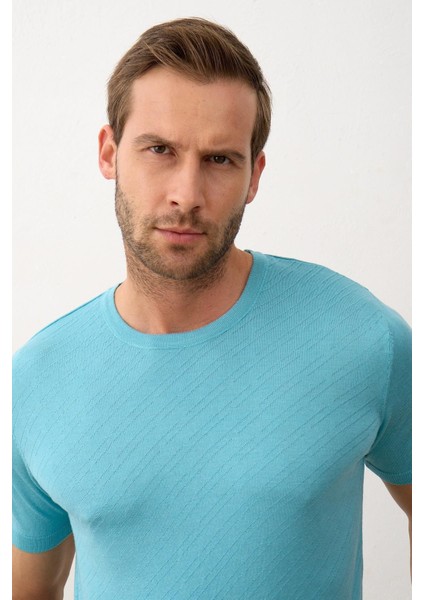 Erkek Çizgili Bisiklet Yaka Slim-Fit Kalıp Ince Triko Tişört Aqua - 5013DNGR fiyatları