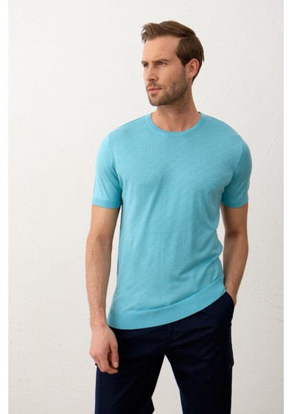 Erkek Çizgili Bisiklet Yaka Slim-Fit Kalıp Ince Triko Tişört Aqua - 5013DNGR modelleri