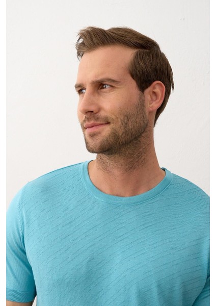Erkek Çizgili Bisiklet Yaka Slim-Fit Kalıp Ince Triko Tişört Aqua - 5013DNGR fırsatları