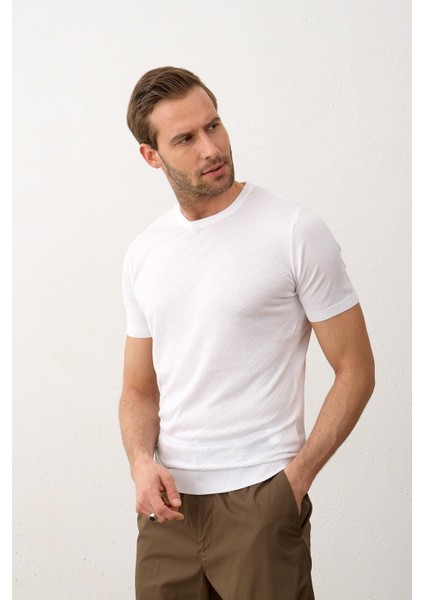 Erkek Çizgili Bisiklet Yaka Slim-Fit Kalıp Ince Triko Tişört Beyaz - 5013DNGR modelleri