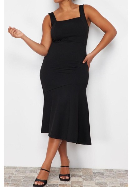 Moda Fit Casual Günlük Interlok Örme Kare Yaka Askılı Kol Bodycone Midi Boy Büyük Beden Elbise modelleri
