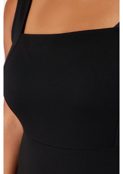 Moda Fit Casual Günlük Interlok Örme Kare Yaka Askılı Kol Bodycone Midi Boy Büyük Beden Elbise indirimleri