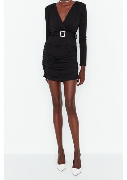 Moda Fit Mezuniyet Balo Sandy Örme Kruvaze Uzun Kol Bodycone Mini Boy Elbise