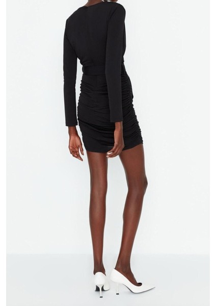 Moda Fit Mezuniyet Balo Sandy Örme Kruvaze Uzun Kol Bodycone Mini Boy Elbise