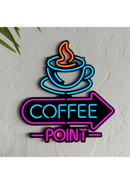 Neon Coffee Point (Kafe) Duvar Dekoru, Tablosu - Metal Üzerine Neon (Led) Duvar Panosu | 38 x 41 cm