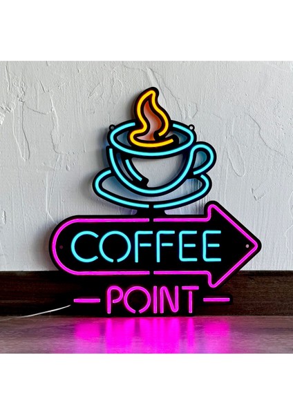 Neon Coffee Point (Kafe) Duvar Dekoru, Tablosu - Metal Üzerine Neon (Led) Duvar Panosu | 38 x 41 cm