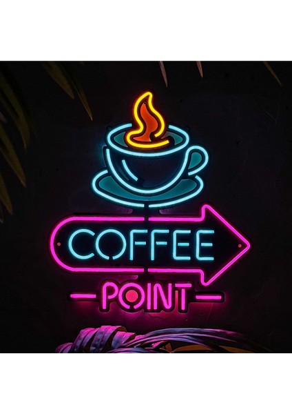 Neon Coffee Point (Kafe) Duvar Dekoru, Tablosu - Metal Üzerine Neon (Led) Duvar Panosu | 38 x 41 cm