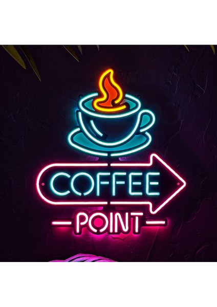 Neon Coffee Point (Kafe) Duvar Dekoru, Tablosu - Metal Üzerine Neon (Led) Duvar Panosu | 38 x 41 cm