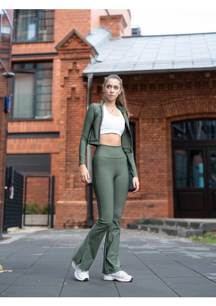 Haki Yeşil Yırtmaçlı Ispanyol Paça Spor Tayt Pantolon fiyatları