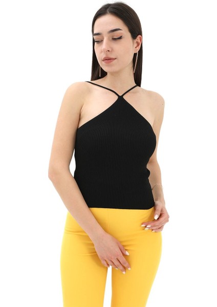 Boyundan Askılı Triko Atlet - Siyah