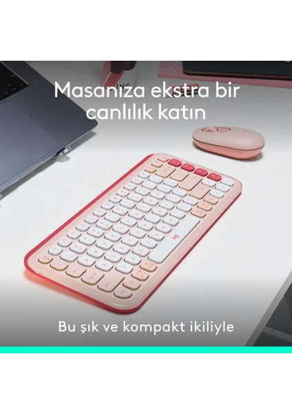 Pop Icon Kablosuz Bluetooth Sessiz Türkçe Q Klavye ve Mouse Seti, Pembe