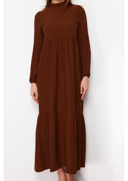 Moda Rahat Casual Günlük Crinkle Dokuma Dik Yaka Uzun Kol A-Line Maxi Boy Tesettür Elbise